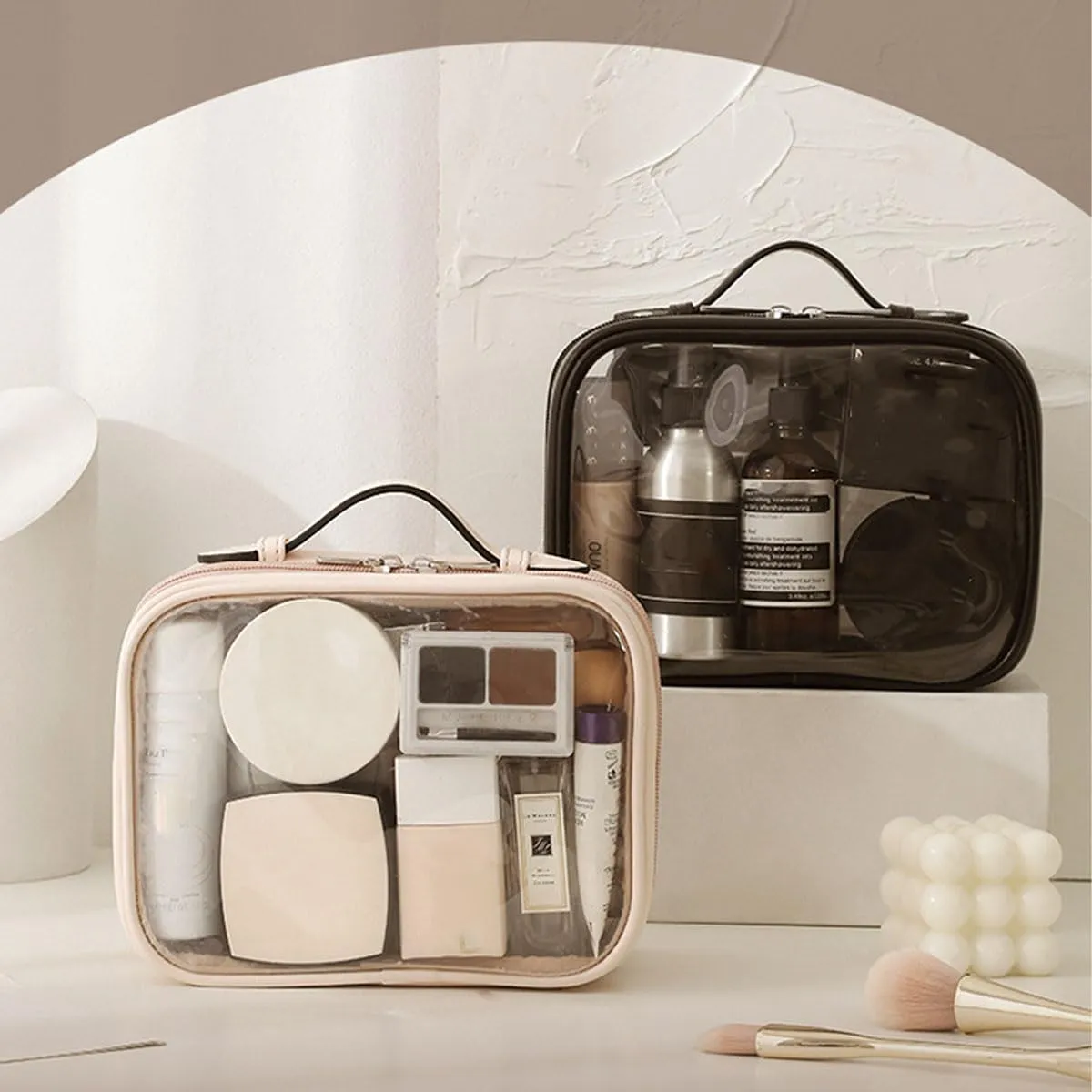 TUP Premium Double Layer Transparent Large Capacity Women's Makeup Bag Travel Storage Bag Waterproof Wash Bag (Pink)