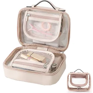 TUP Premium Double Layer Transparent Large Capacity Women's Makeup Bag Travel Storage Bag Waterproof Wash Bag (Pink)