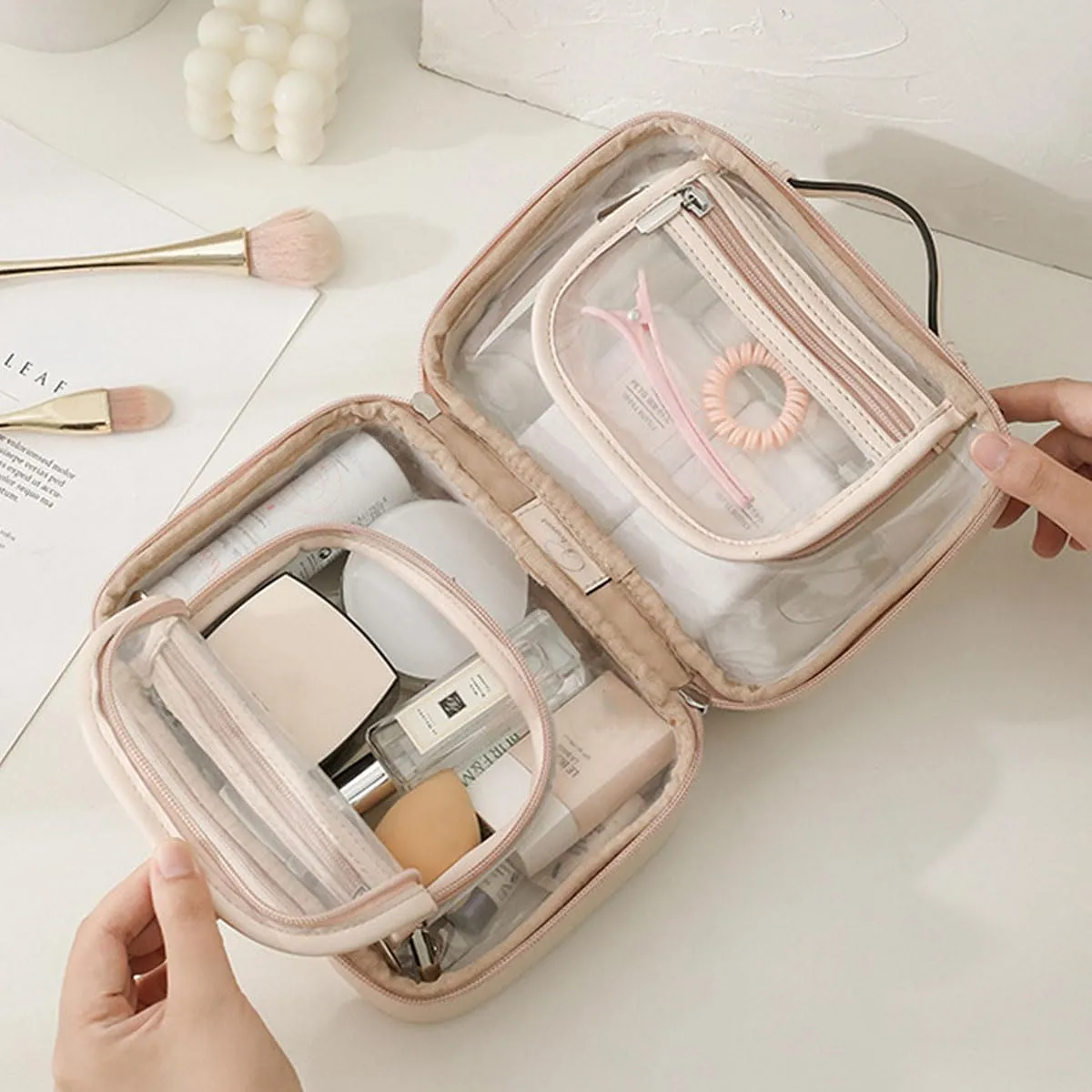 TUP Premium Double Layer Transparent Large Capacity Women's Makeup Bag Travel Storage Bag Waterproof Wash Bag (Pink)