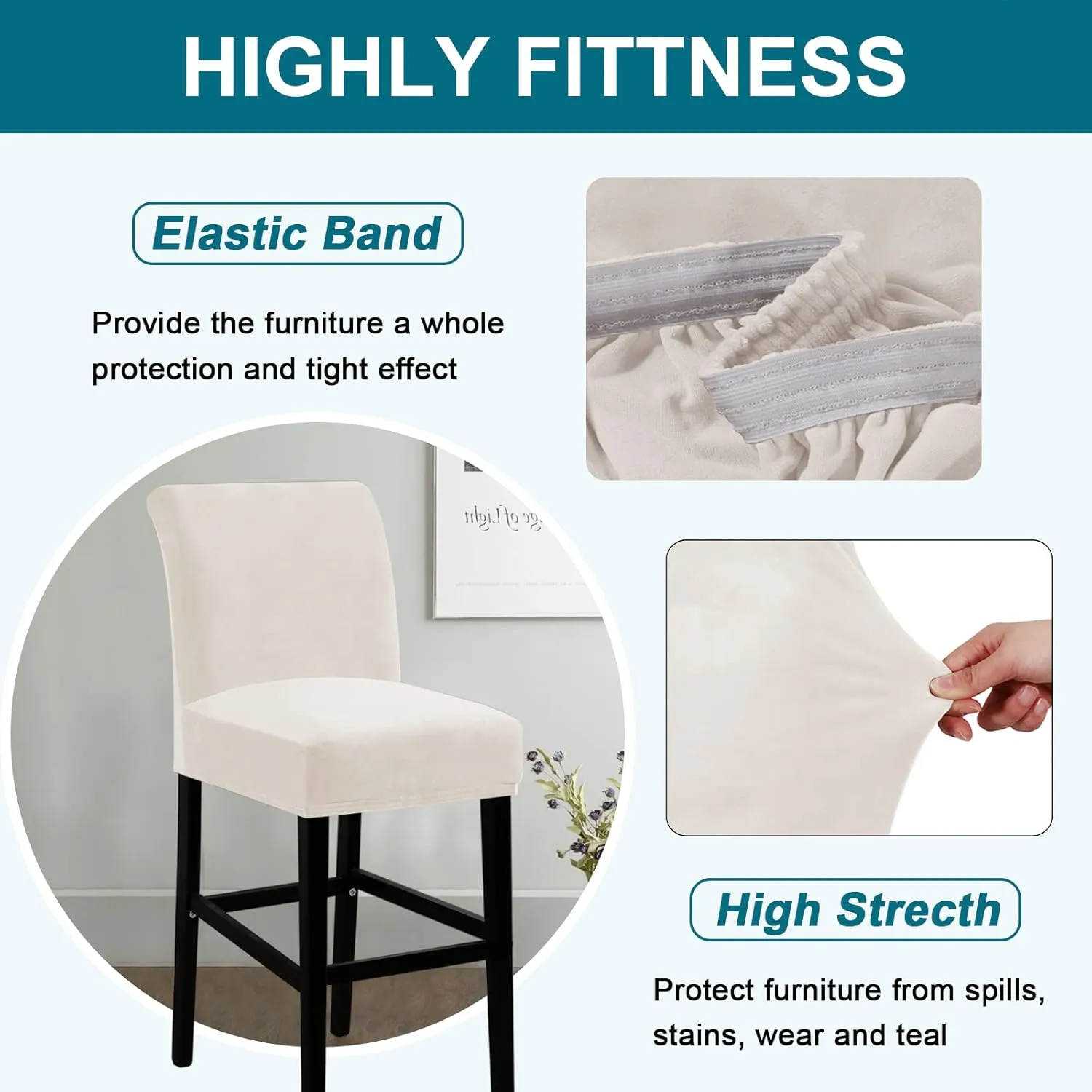 Turquoize Bar Stool Covers 4 Pack Bar Stool Covers with Backs Barstool Covers Velvet Bar Stool Seat Covers Slipcover Pub Counter Stool High Back Chair Covers, Thick Soft Modern Style, Ivory, 4