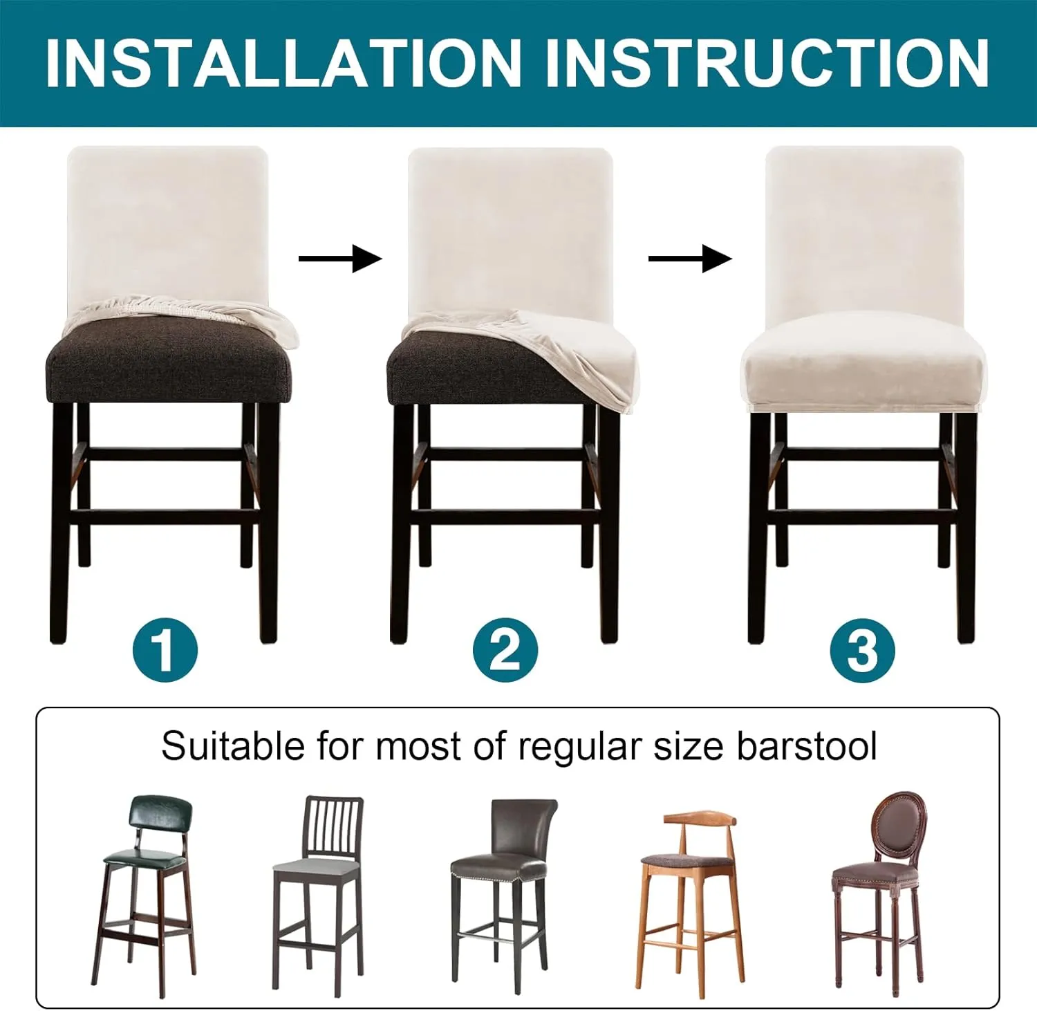 Turquoize Bar Stool Covers 4 Pack Bar Stool Covers with Backs Barstool Covers Velvet Bar Stool Seat Covers Slipcover Pub Counter Stool High Back Chair Covers, Thick Soft Modern Style, Ivory, 4