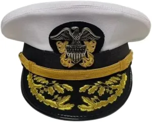 US Navy Admiral Officer Cap, Military Dress Hat with Gold Embroidered Visor, White and Black