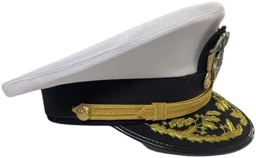US Navy Admiral Officer Cap, Military Dress Hat with Gold Embroidered Visor, White and Black