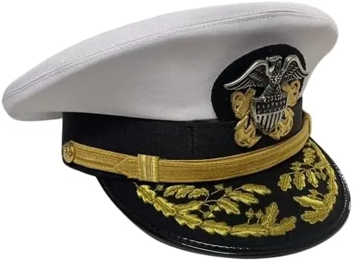 US Navy Admiral Officer Cap, Military Dress Hat with Gold Embroidered Visor, White and Black