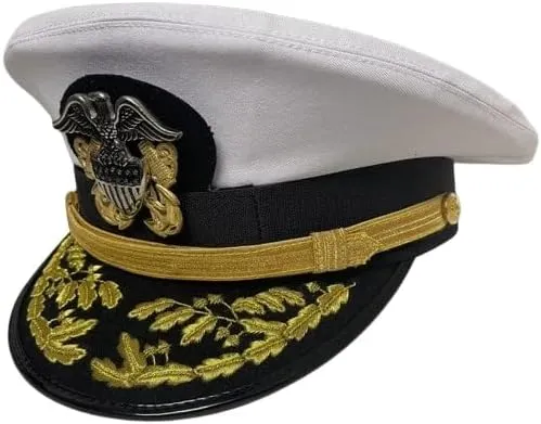 US Navy Admiral Officer Cap, Military Dress Hat with Gold Embroidered Visor, White and Black