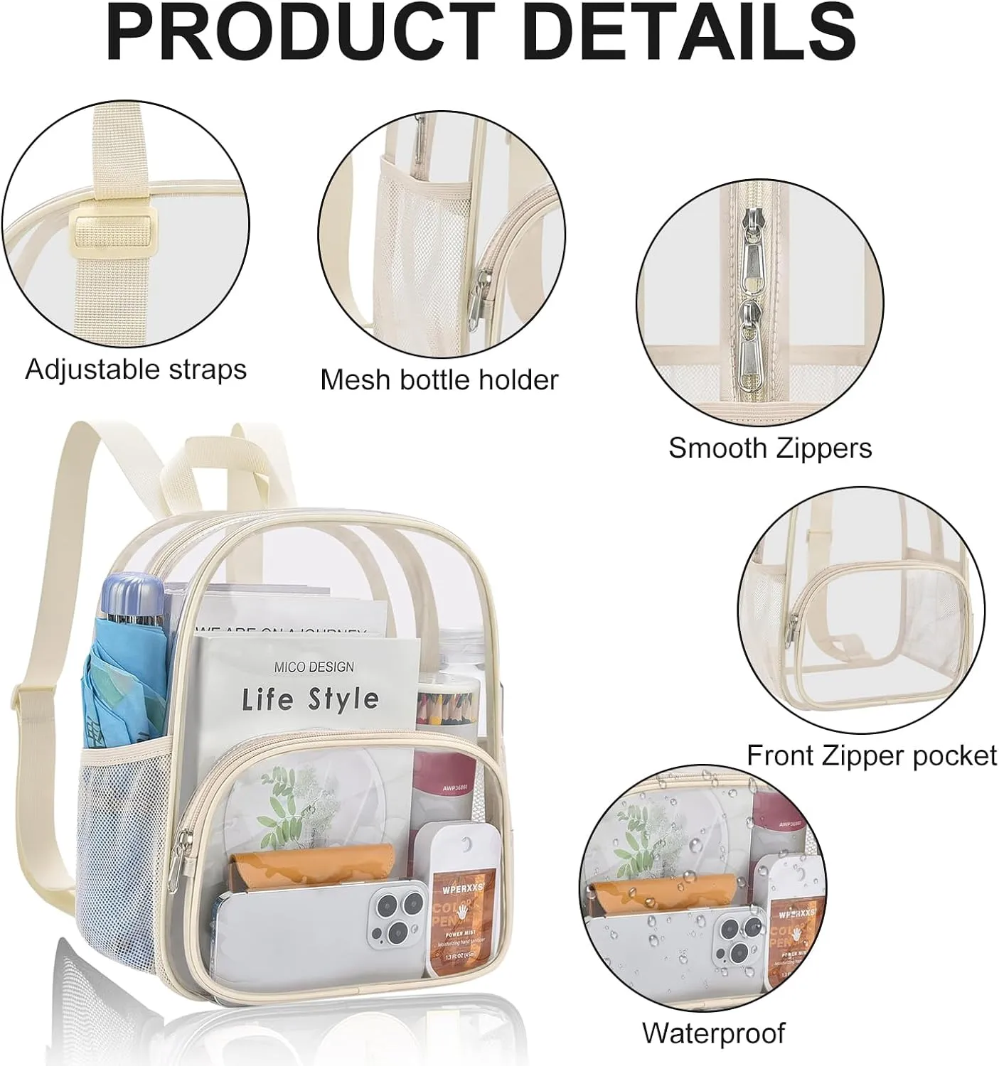 USPECLARE Clear Backpack for Stadium Events Small Clear Backpack 11.5x9.5x6 for Concert Sport Events Work Travel