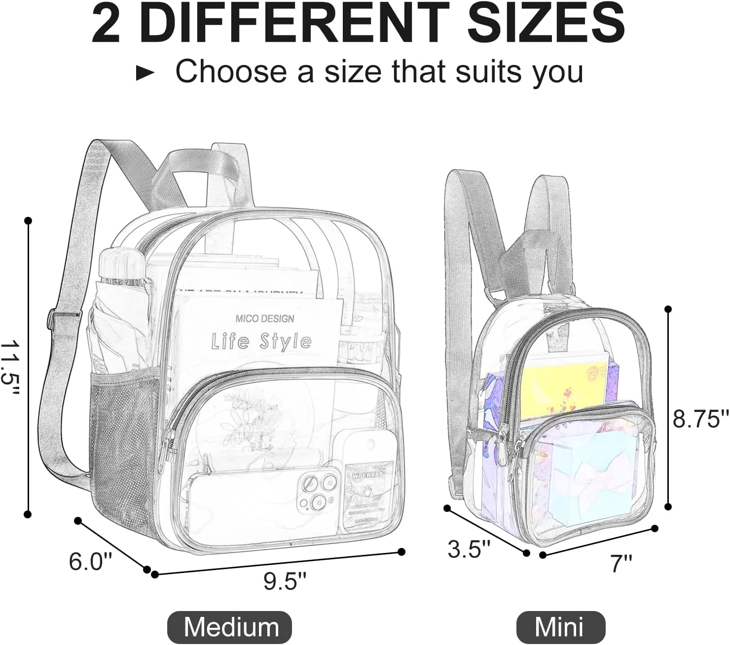 USPECLARE Clear Backpack for Stadium Events Small Clear Backpack 11.5x9.5x6 for Concert Sport Events Work Travel