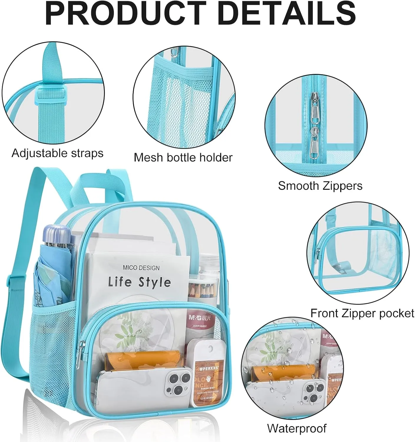 USPECLARE Clear Backpack for Stadium Events Small Clear Backpack 11.5x9.5x6 for Concert Sport Events Work Travel