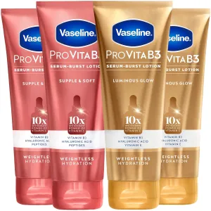 Vaseline Lotion, Pro VitaB3 Serum-Boost, Luminous Glow   Supple & Soft Variety 4-Pack – Weightless Hydration with Niacinamide and Hyaluronic Acid, 7.5 Oz Ea