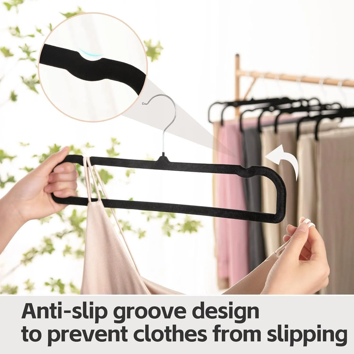 Velvet Hangers Non Slip - 20 Pack Pants Hangers for Closet - Thin Space Saving Clothes Hanger - Strong, Durable, Jean Perchas with 360 Degree Rotatable Hook for Tank Top (Black Silver Hook)