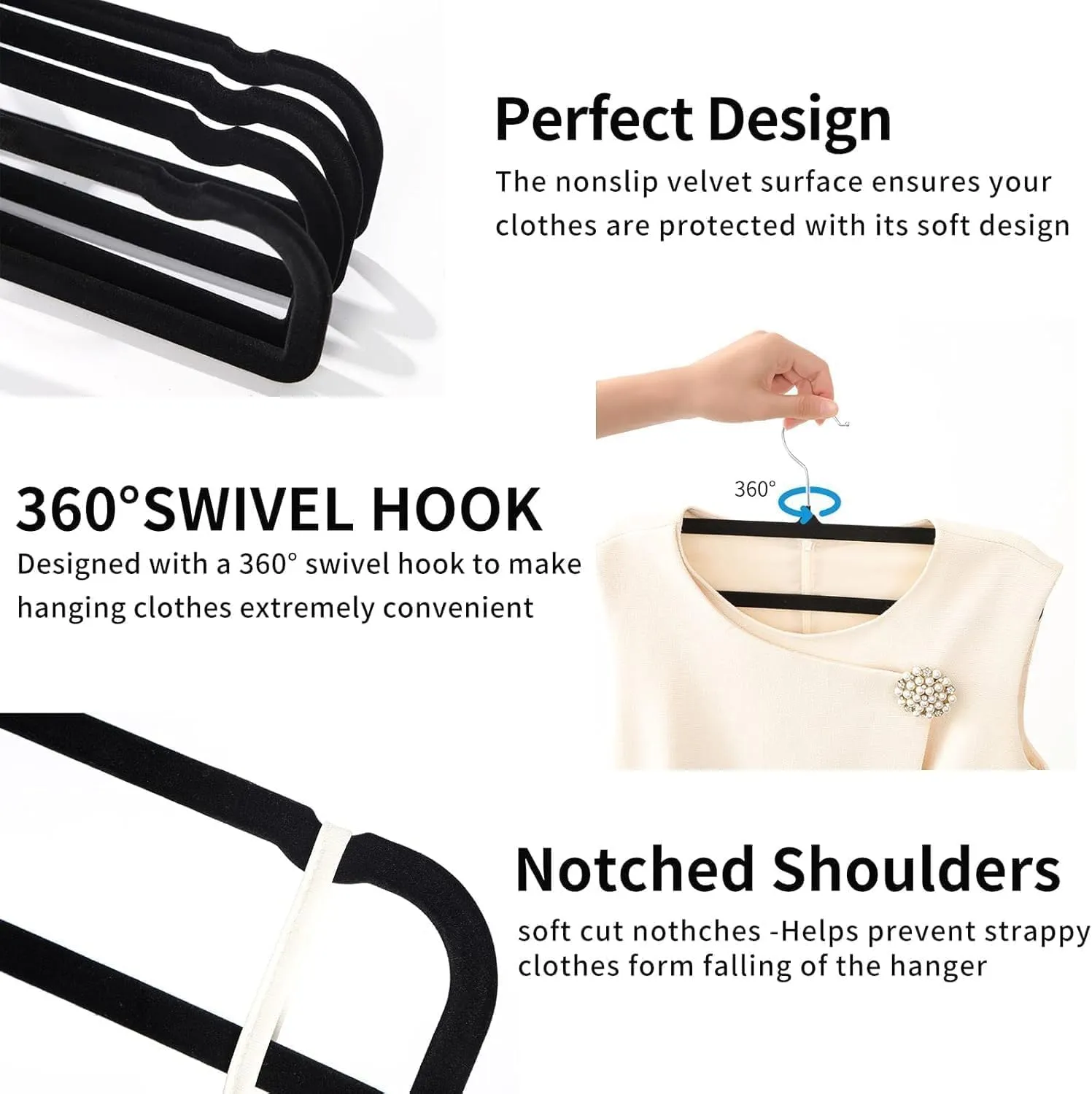 Velvet Hangers Non Slip - 20 Pack Pants Hangers for Closet - Thin Space Saving Clothes Hanger - Strong, Durable, Jean Perchas with 360 Degree Rotatable Hook for Tank Top (Black Silver Hook)