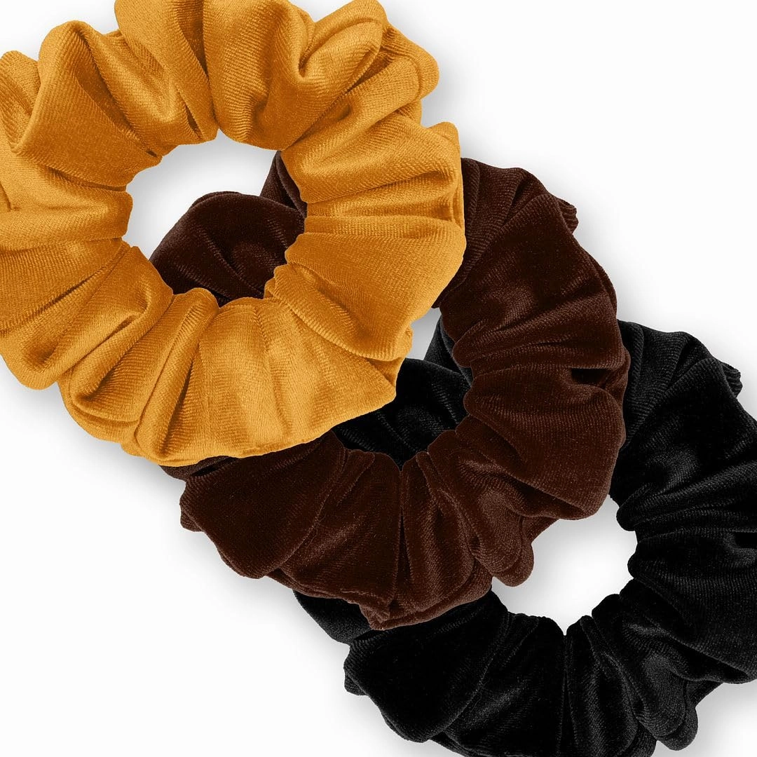 Velvet Scrunchies 3-Pack Gift Set Premium Plush Ponytail Holder Made in the USA Bronze Brown Black