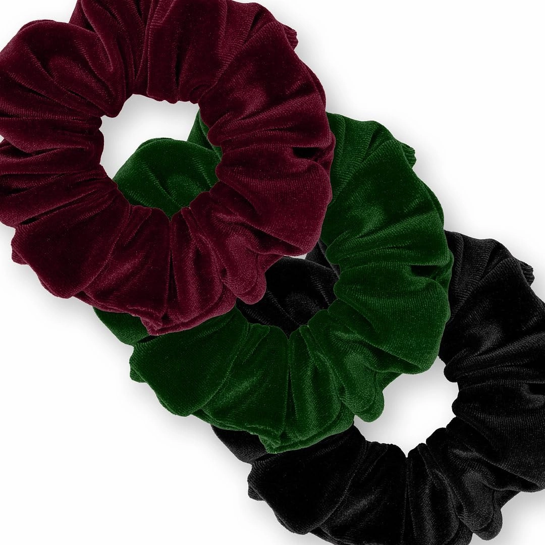 Velvet Scrunchies 3-Pack Gift Set Premium Plush Ponytail Holder Made in the USA Burgundy Forest Black