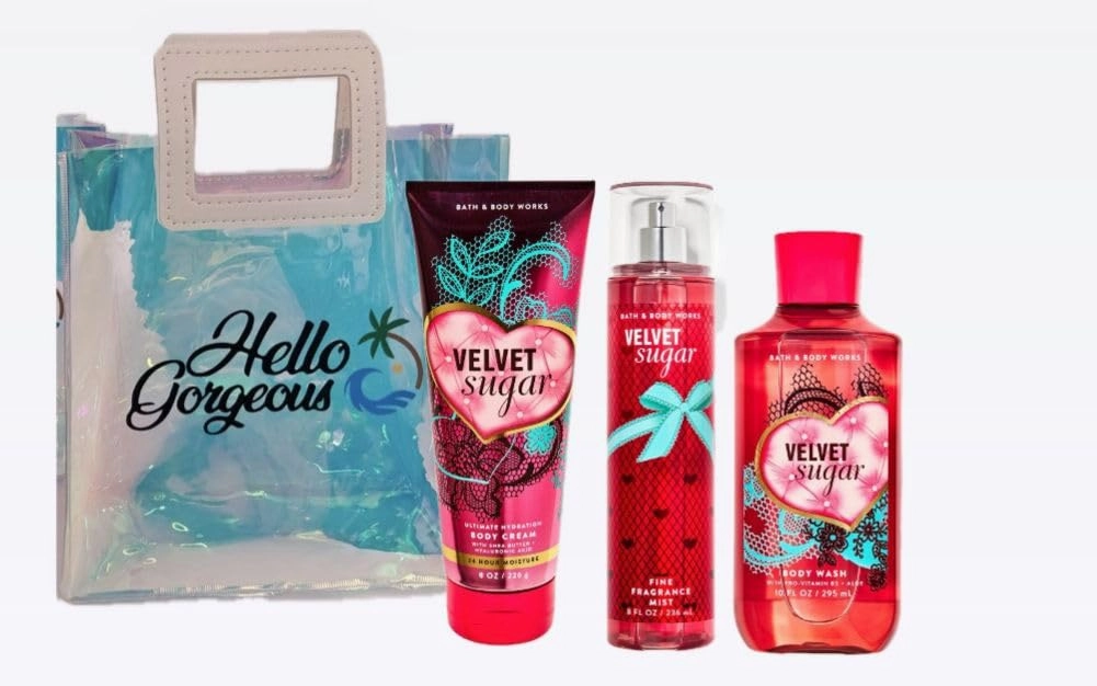 Velvet Sugar - White Barn Bath Body/Work - 3 Piece Bundle - Premium Beauty - Full Size and Hello Gorgeous Gift Bag (Packaging May Vary)