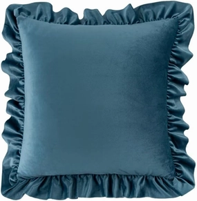 Velvet Throw Pillow - Blue Square, Ruffle 18x18 Inch, Home Decor for Bed, Sofa, Chair, Window, Floor