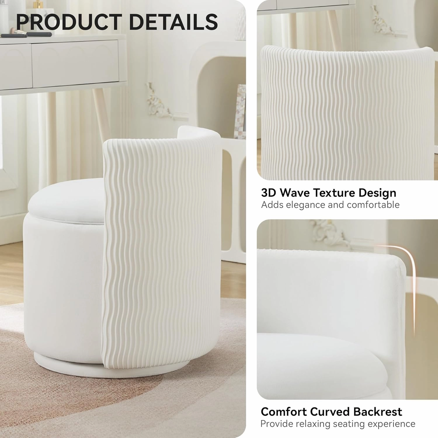 Velvet Vanity Chair with Storage, 360° Swivel Makeup Chair with Wave Back, No Assembly Small Accent Stool for Bedroom, Dressing, Living Room, White