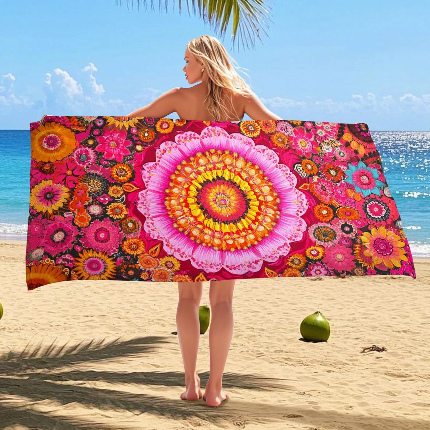 Vibrant Floral Microfiber Beach Towel Peach Tropical Mandala Design Quick Dry Soft Sand Free Oversize Lightweight Blanket Vacation Pool Picnic Essentials 62x31 Inch
