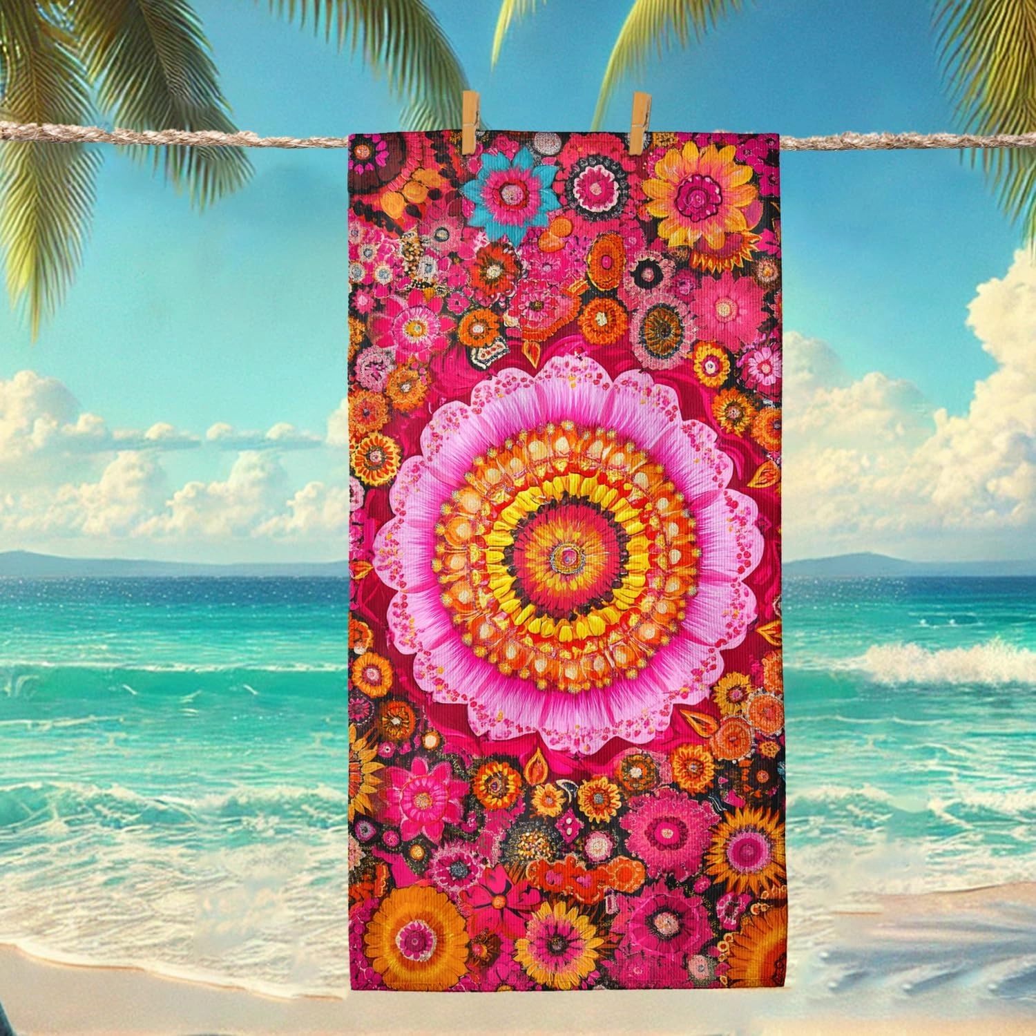 Vibrant Floral Microfiber Beach Towel Peach Tropical Mandala Design Quick Dry Soft Sand Free Oversize Lightweight Blanket Vacation Pool Picnic Essentials 62x31 Inch