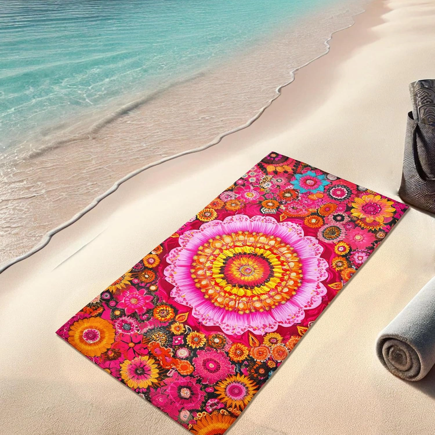 Vibrant Floral Microfiber Beach Towel Peach Tropical Mandala Design Quick Dry Soft Sand Free Oversize Lightweight Blanket Vacation Pool Picnic Essentials 62x31 Inch