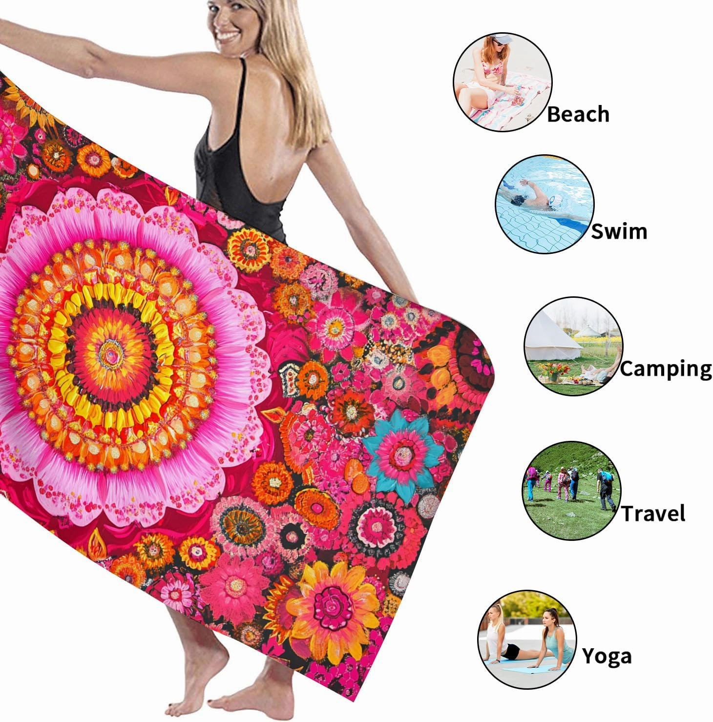Vibrant Floral Microfiber Beach Towel Peach Tropical Mandala Design Quick Dry Soft Sand Free Oversize Lightweight Blanket Vacation Pool Picnic Essentials 62x31 Inch