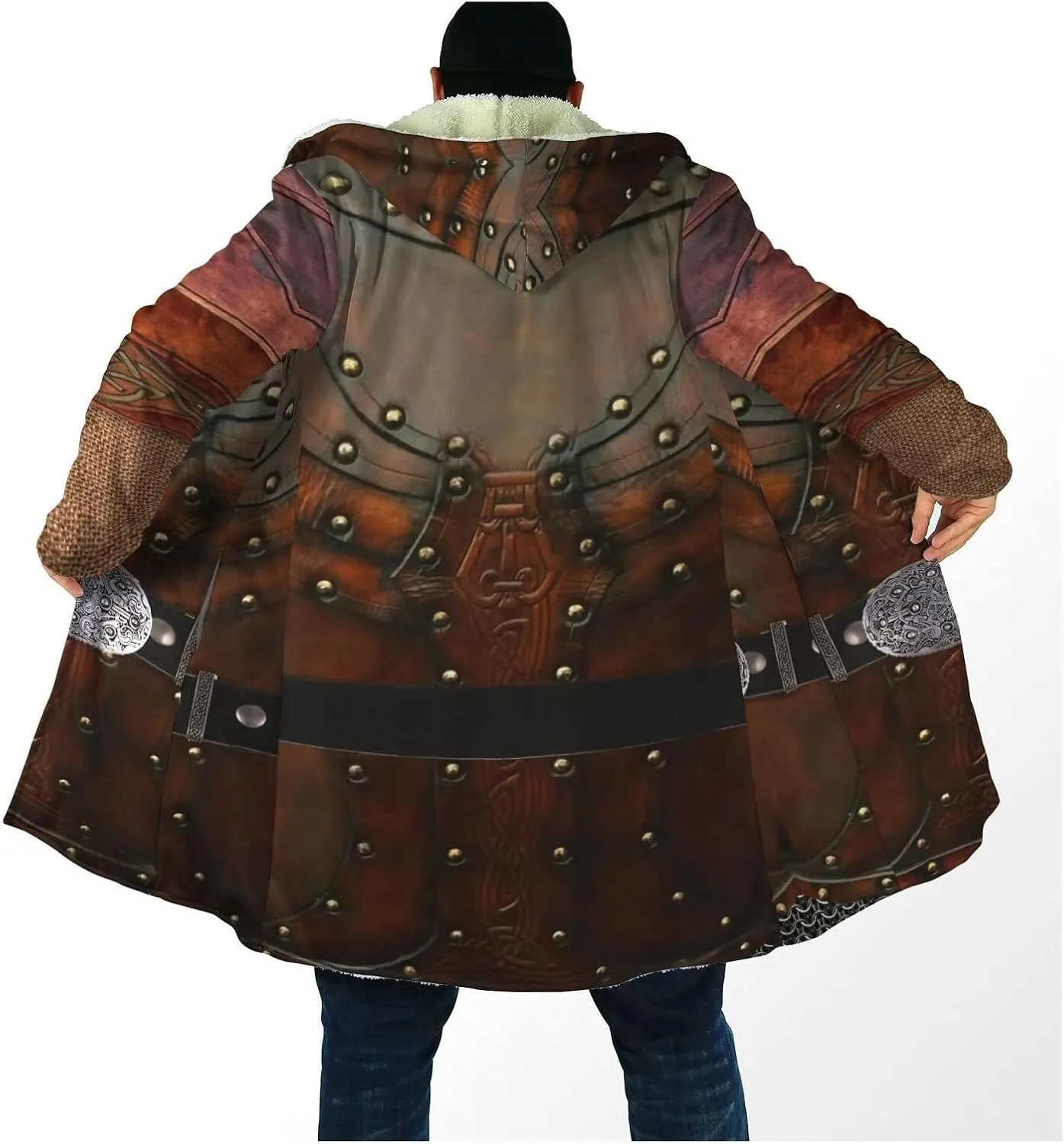 Viking Armor Tattoo Winte Warm Parka, 3D Full Print Thickened Hooded Coat, Mid-Length Casual Jacket Horn Buckle Outerwear