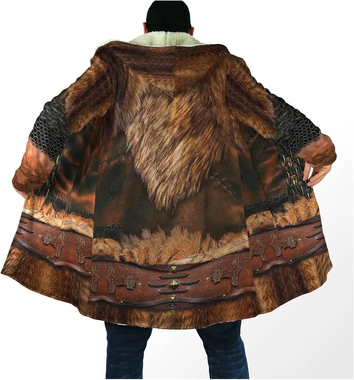 Viking Men's Wolf Hoodie Cloak, 3D Full Print Warrior Armor Tattoo, Warm Faux Cashmere Coat, Winter Jacket, Parka Bathrobe