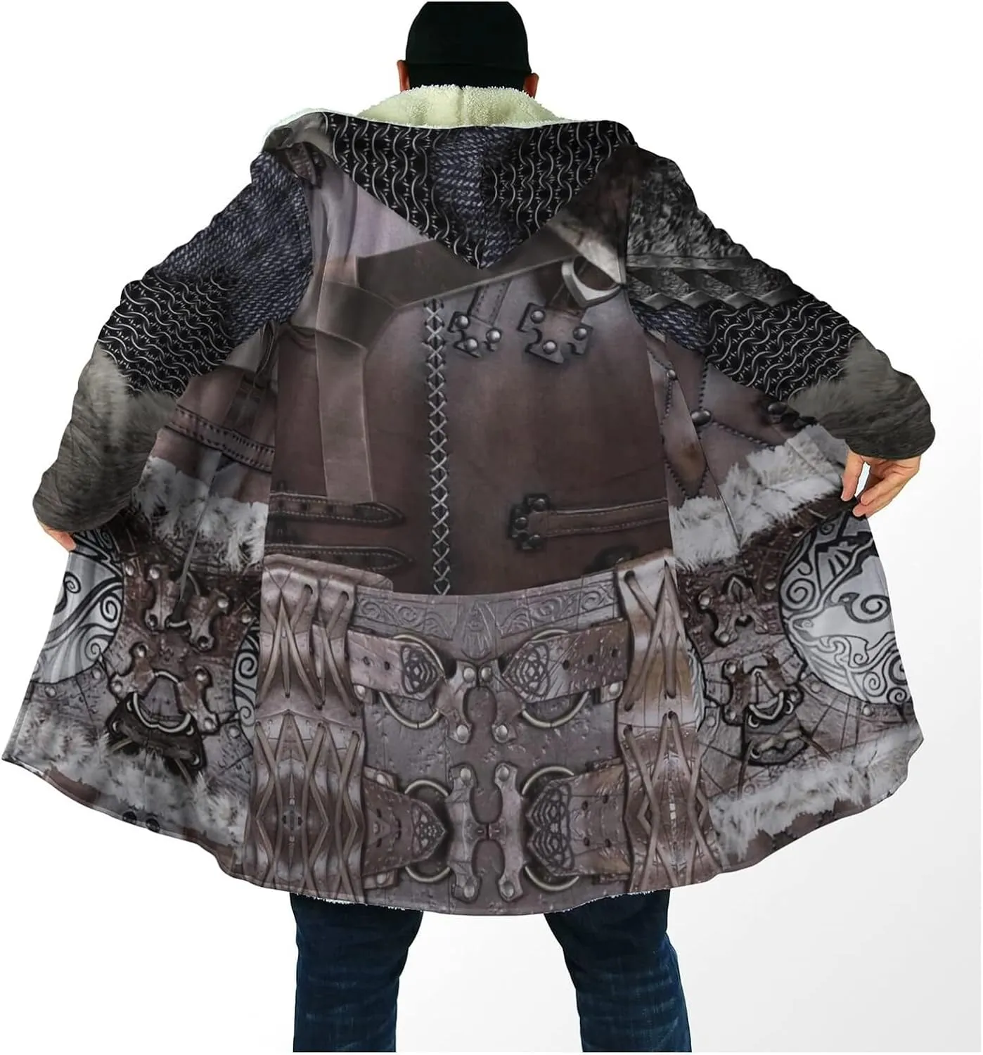 Viking Men's Wolf Hoodie Cloak, 3D Full Print Warrior Armor Tattoo, Warm Faux Cashmere Coat, Winter Jacket, Parka Bathrobe