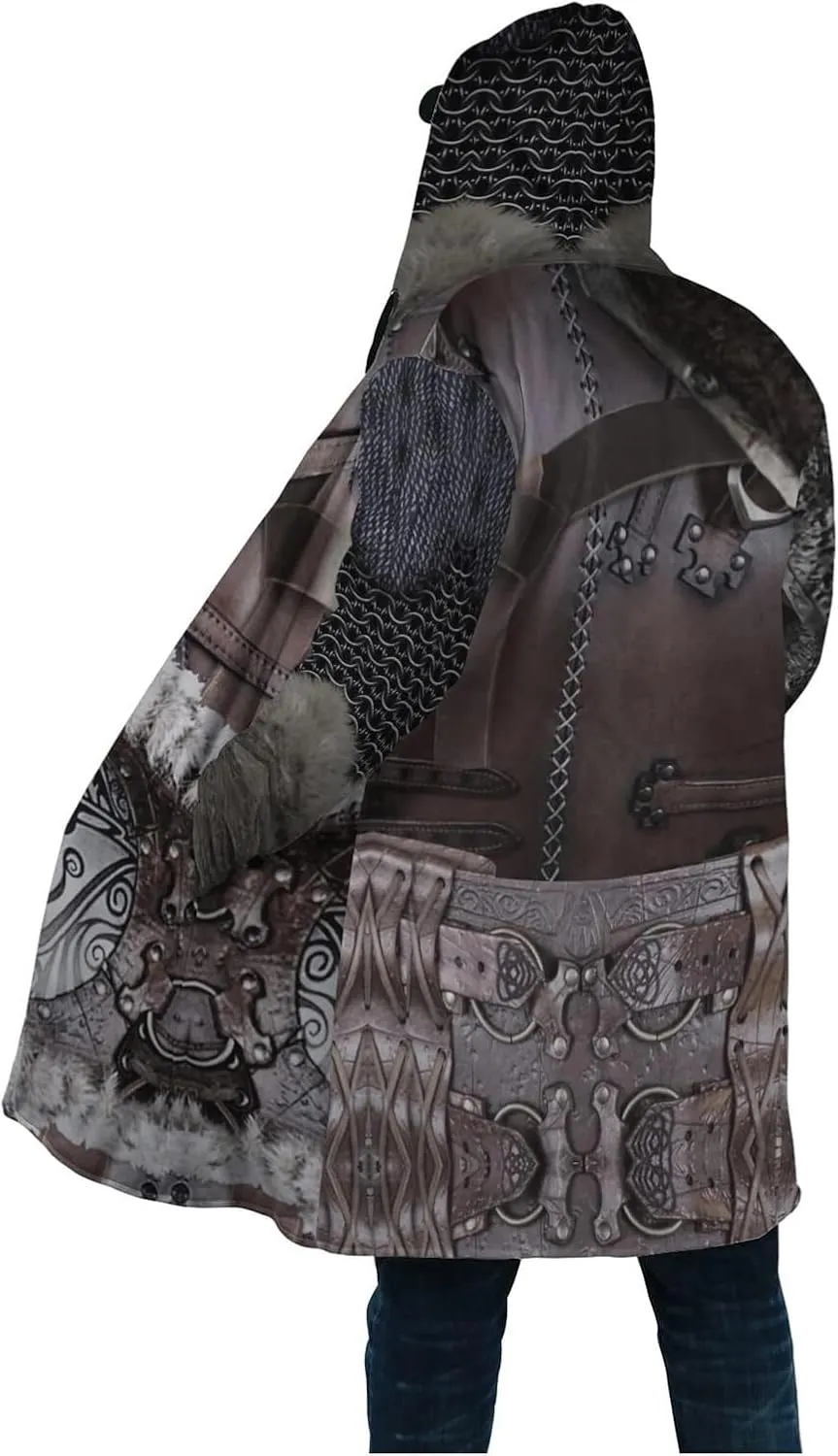 Viking Men's Wolf Hoodie Cloak, 3D Full Print Warrior Armor Tattoo, Warm Faux Cashmere Coat, Winter Jacket, Parka Bathrobe