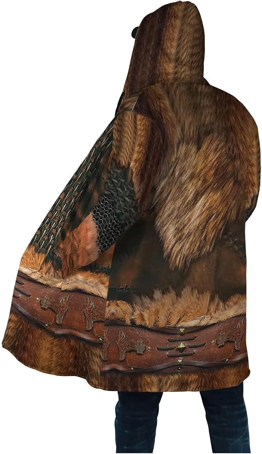 Viking Men's Wolf Hoodie Cloak, 3D Full Print Warrior Armor Tattoo, Warm Faux Cashmere Coat, Winter Jacket, Parka Bathrobe