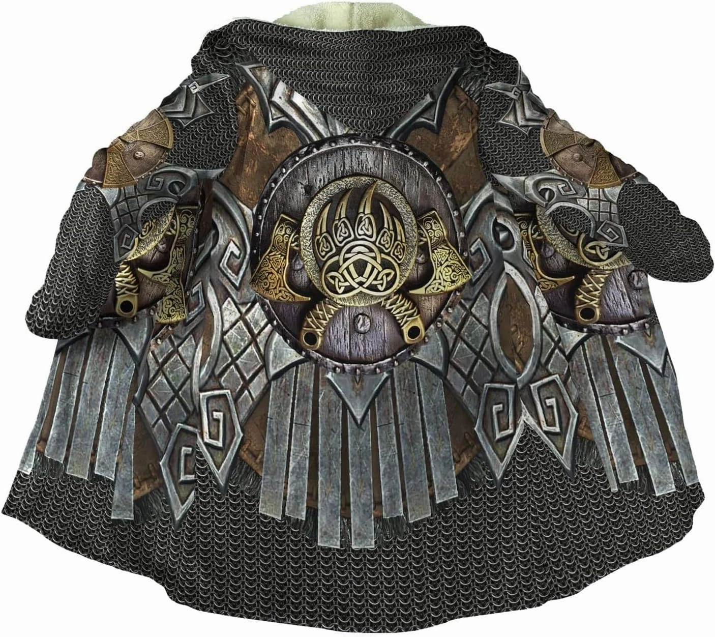 Viking Armor Tattoo Winte Warm Parka, 3D Full Print Thickened Hooded Coat, Mid-Length Casual Jacket Horn Buckle Outerwear