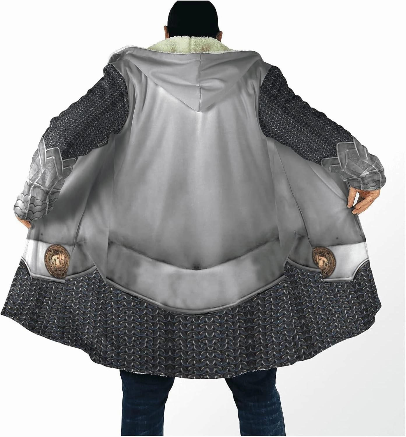 Viking Armor Tattoo Winte Warm Parka, 3D Full Print Thickened Hooded Coat, Mid-Length Casual Jacket Horn Buckle Outerwear