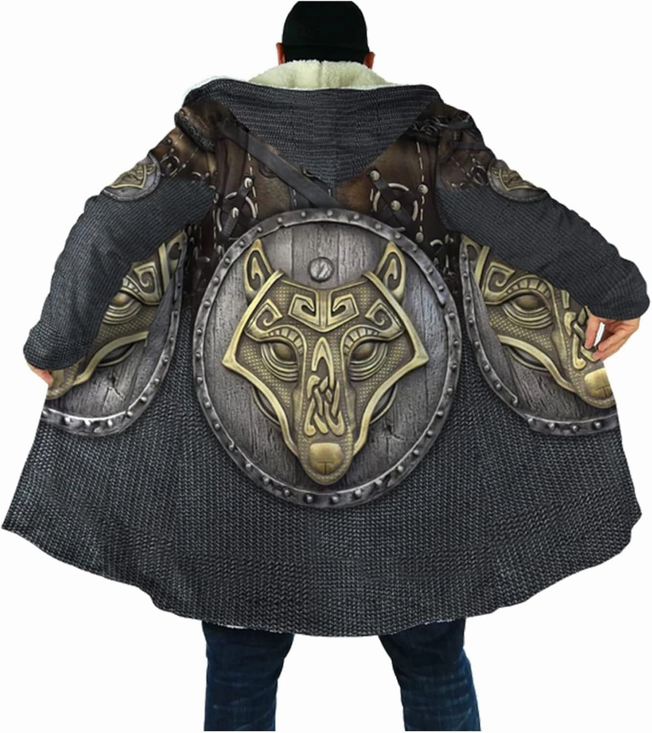 Viking Armor Tattoo Winte Warm Parka, 3D Full Print Thickened Hooded Coat, Mid-Length Casual Jacket Horn Buckle Outerwear