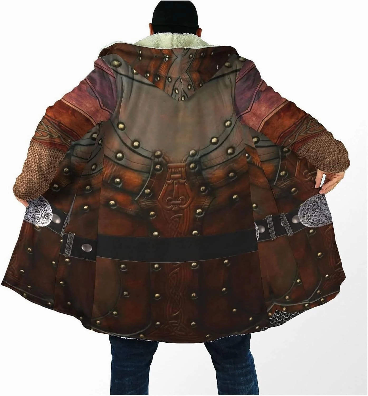 Viking Armor Tattoo Winte Warm Parka, 3D Full Print Thickened Hooded Coat, Mid-Length Casual Jacket Horn Buckle Outerwear