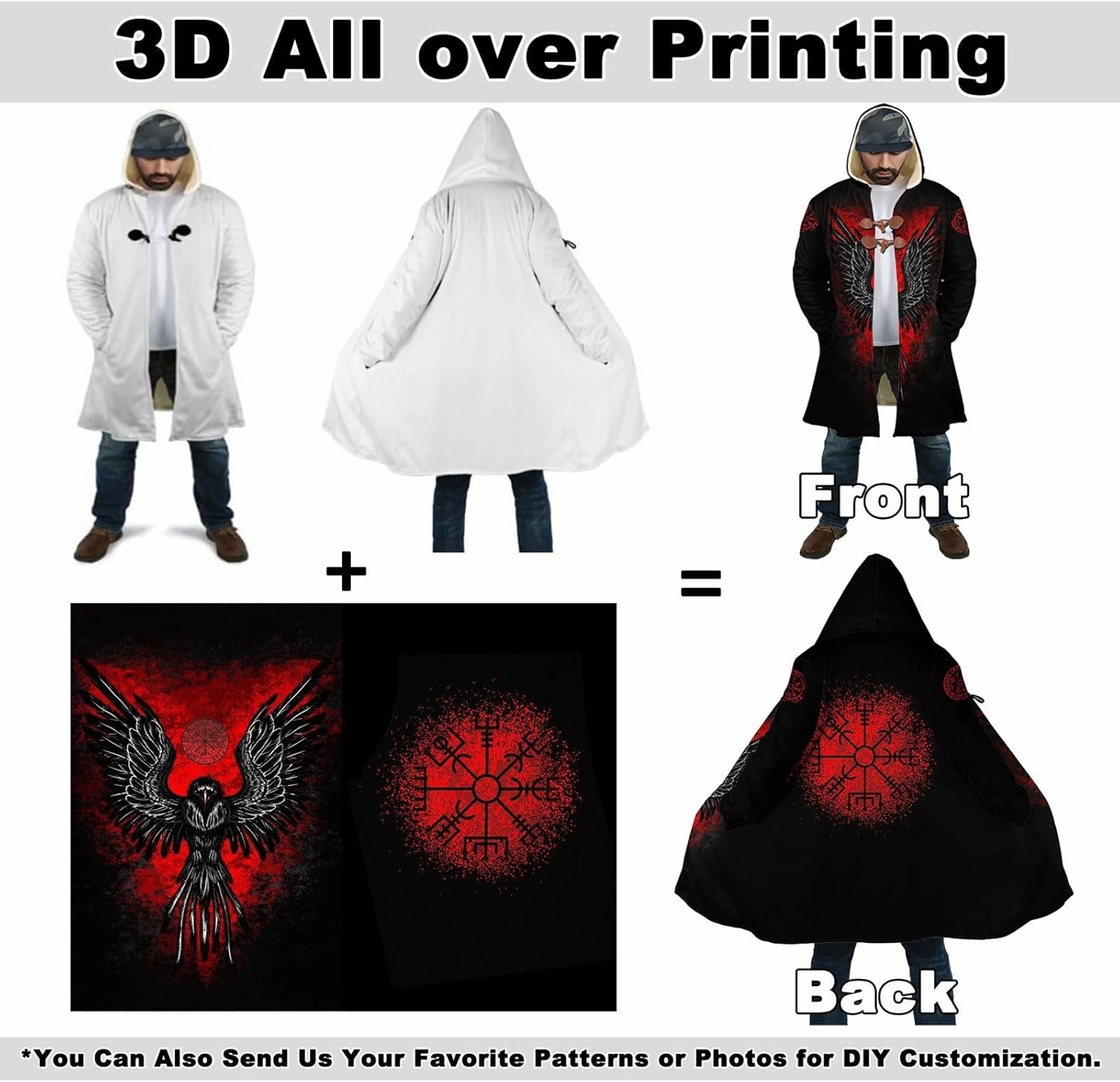 Viking Armor Tattoo Winte Warm Parka, 3D Full Print Thickened Hooded Coat, Mid-Length Casual Jacket Horn Buckle Outerwear