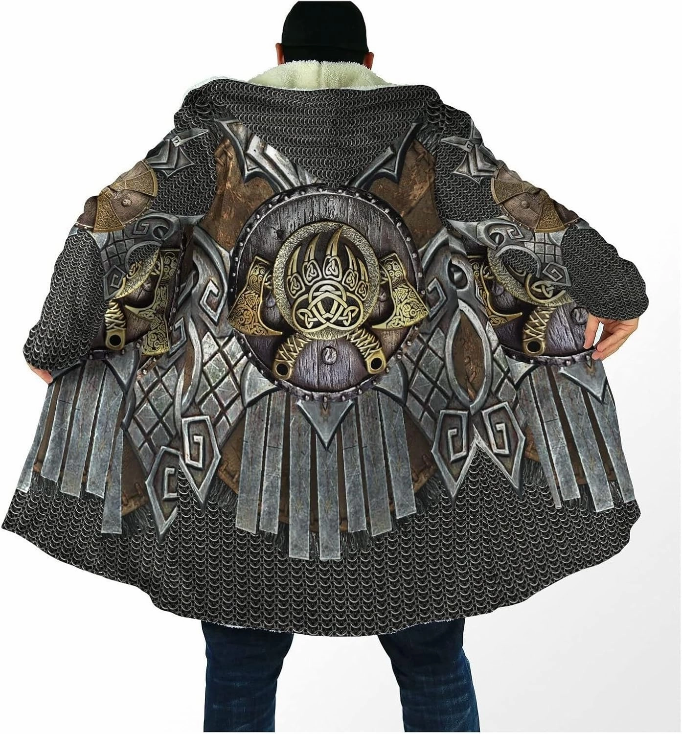 Viking Armor Tattoo Winte Warm Parka, 3D Full Print Thickened Hooded Coat, Mid-Length Casual Jacket Horn Buckle Outerwear