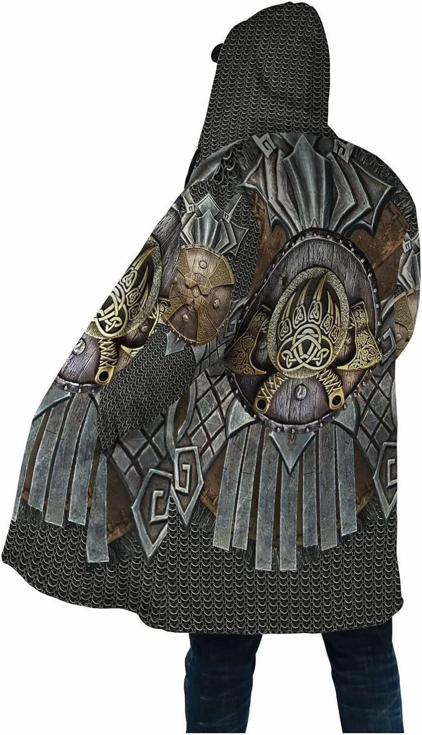 Viking Armor Tattoo Winte Warm Parka, 3D Full Print Thickened Hooded Coat, Mid-Length Casual Jacket Horn Buckle Outerwear