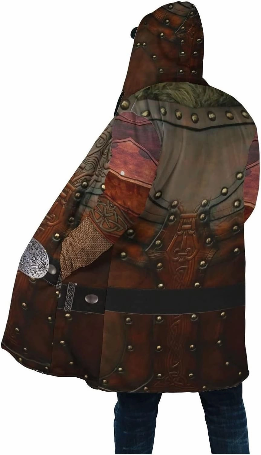 Viking Armor Tattoo Winte Warm Parka, 3D Full Print Thickened Hooded Coat, Mid-Length Casual Jacket Horn Buckle Outerwear