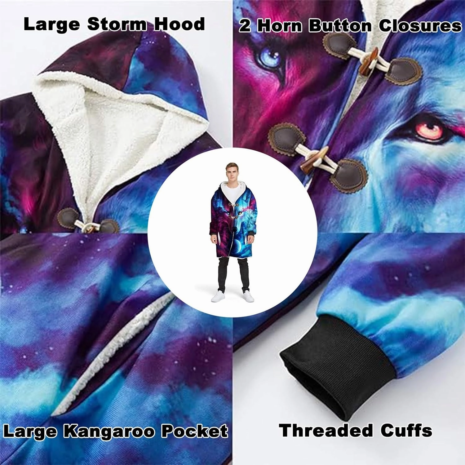 Viking Armor Tattoo Winte Warm Parka, 3D Full Print Thickened Hooded Coat, Mid-Length Casual Jacket Horn Buckle Outerwear