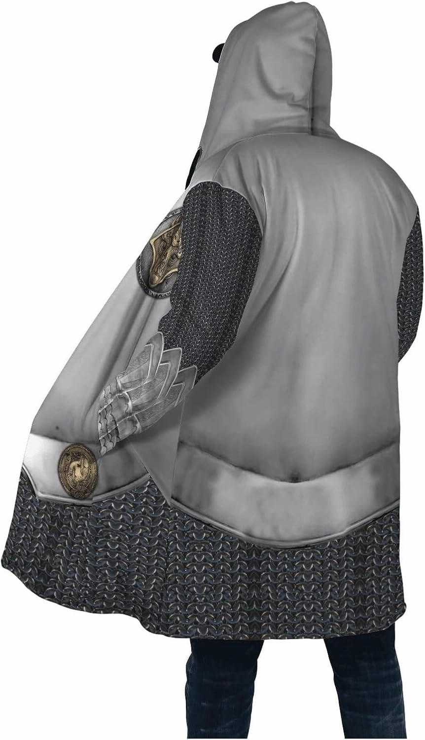 Viking Armor Tattoo Winte Warm Parka, 3D Full Print Thickened Hooded Coat, Mid-Length Casual Jacket Horn Buckle Outerwear