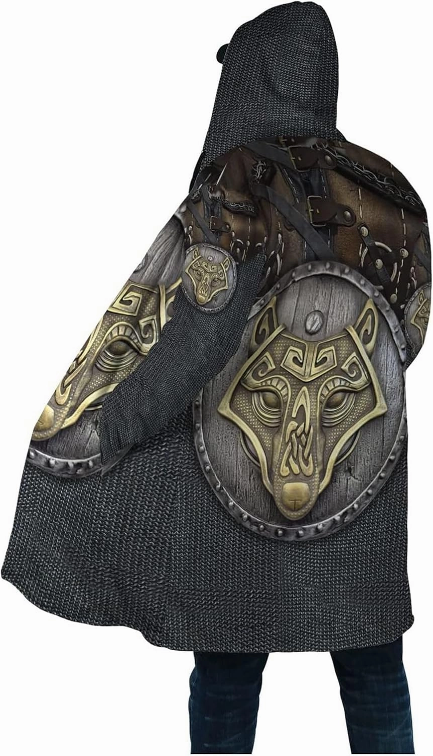 Viking Armor Tattoo Winte Warm Parka, 3D Full Print Thickened Hooded Coat, Mid-Length Casual Jacket Horn Buckle Outerwear