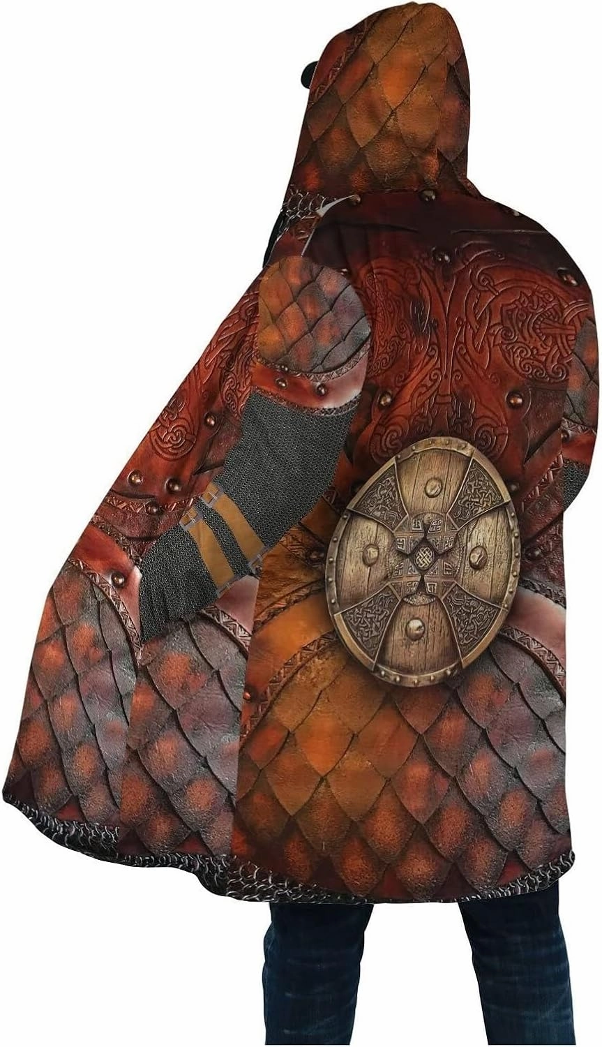 Viking Men's Wolf Hoodie Cloak, 3D Full Print Warrior Armor Tattoo, Warm Faux Cashmere Coat, Winter Jacket, Parka Bathrobe