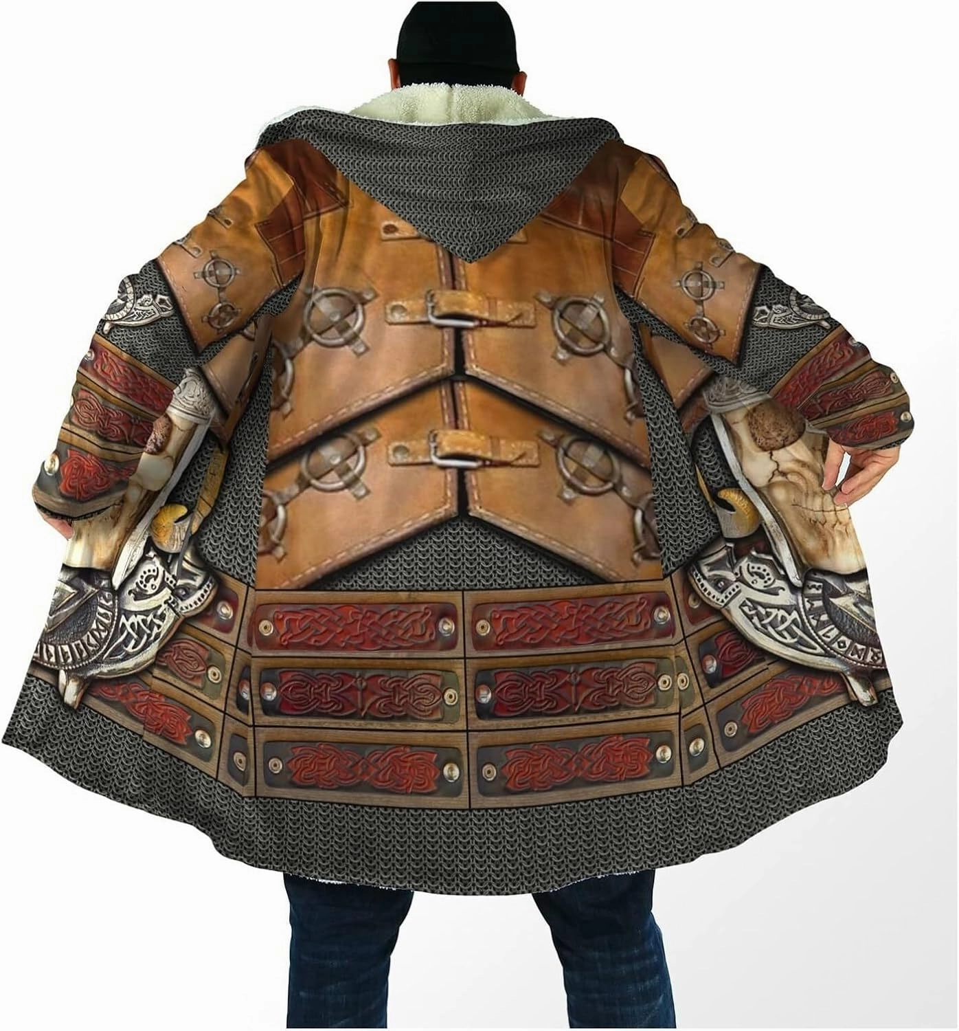 Viking Men's Wolf Hoodie Cloak, 3D Full Print Warrior Armor Tattoo, Warm Faux Cashmere Coat, Winter Jacket, Parka Bathrobe