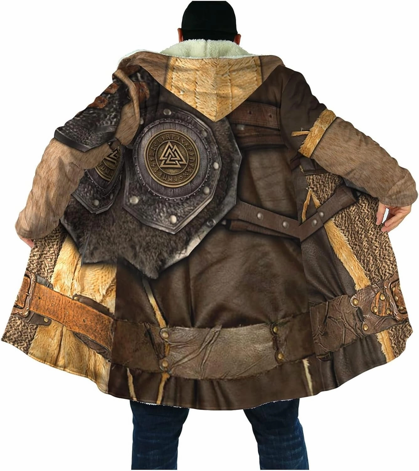 Viking Men's Wolf Hoodie Cloak, 3D Full Print Warrior Armor Tattoo, Warm Faux Cashmere Coat, Winter Jacket, Parka Bathrobe