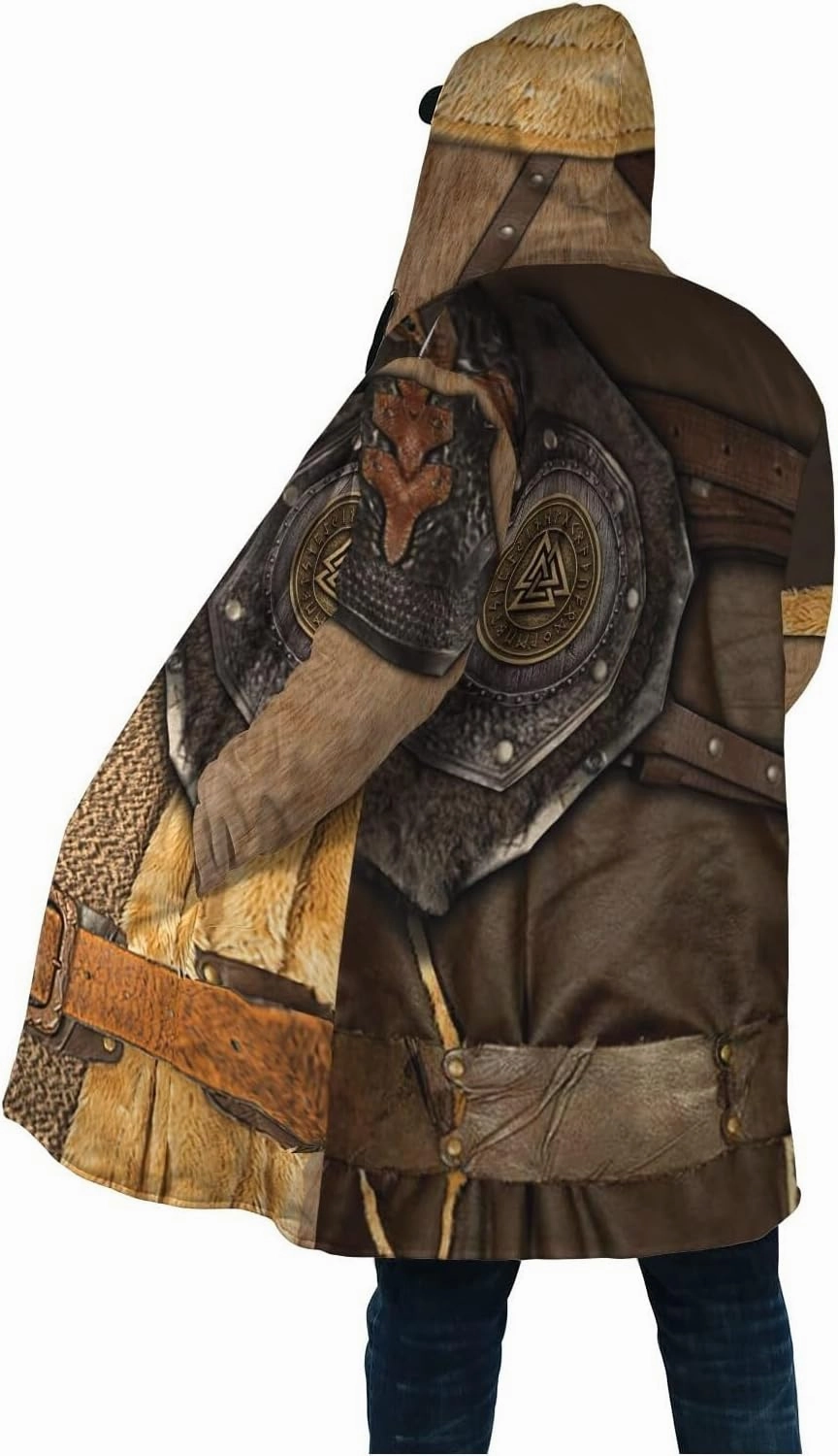 Viking Men's Wolf Hoodie Cloak, 3D Full Print Warrior Armor Tattoo, Warm Faux Cashmere Coat, Winter Jacket, Parka Bathrobe