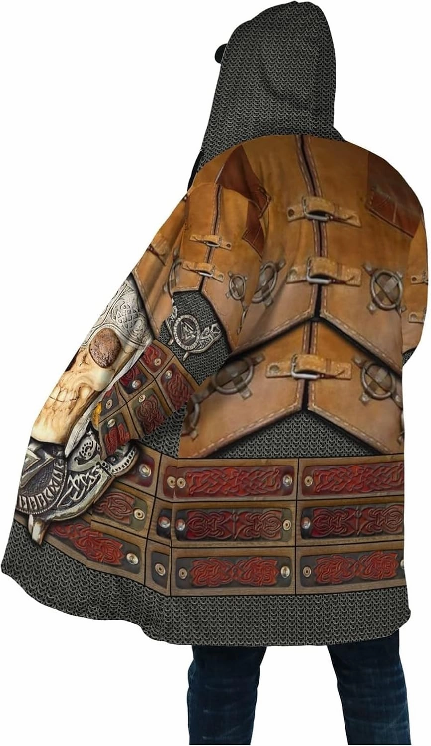 Viking Men's Wolf Hoodie Cloak, 3D Full Print Warrior Armor Tattoo, Warm Faux Cashmere Coat, Winter Jacket, Parka Bathrobe