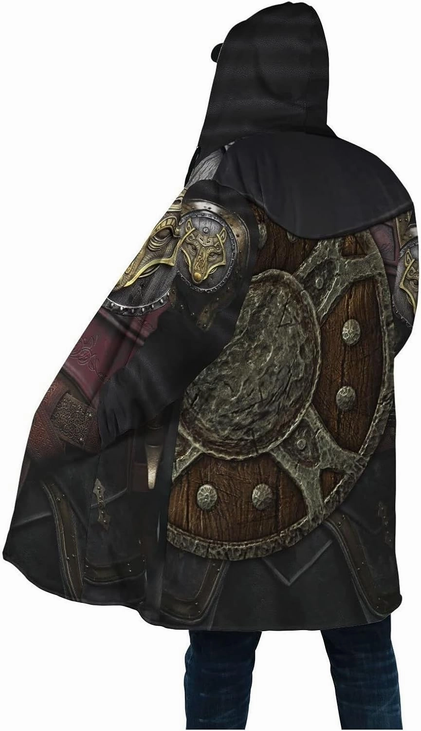 Viking Men's Wolf Hoodie Cloak, 3D Full Print Warrior Armor Tattoo, Warm Faux Cashmere Coat, Winter Jacket, Parka Bathrobe