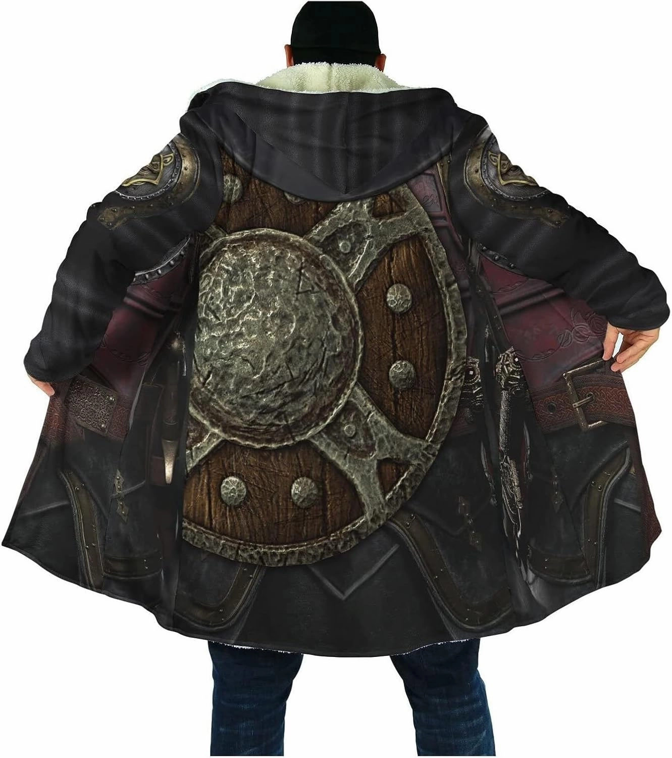 Viking Men's Wolf Hoodie Cloak, 3D Full Print Warrior Armor Tattoo, Warm Faux Cashmere Coat, Winter Jacket, Parka Bathrobe