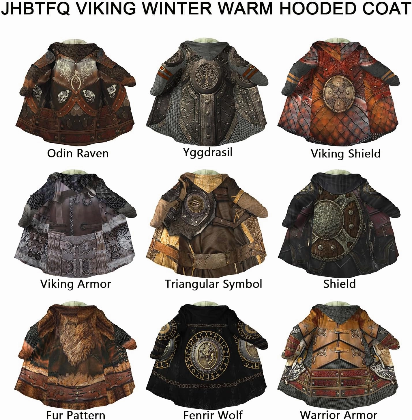 Viking Warrior Armor Imitation Cashmere Men Hooded Cloak Coat, Norse 3D Printing Winter Warm Jacket
