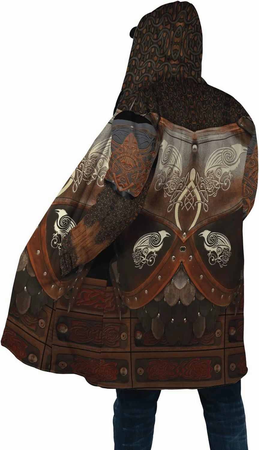 Viking Warrior Armor Imitation Cashmere Men Hooded Cloak Coat, Norse 3D Printing Winter Warm Jacket