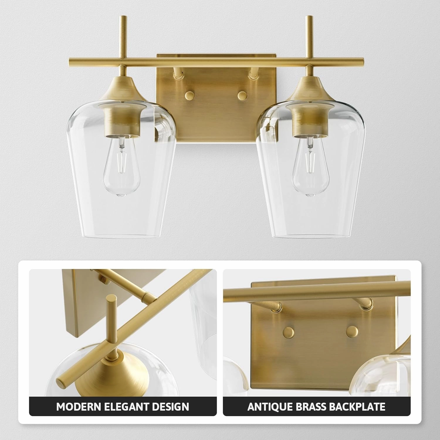 VONLUCE Bathroom Vanity Light, 2-Light Bathroom Light Fixture Over Mirror, Vanity Light Fixtures with Clear Glass, Modern Wall Sconce for Bathroom Bedroom Hallway Kitchen, Brushed Gold
